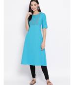 Women  blue Cotton Embroidered A-line Kurta
