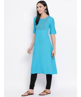 Women  blue Cotton Embroidered A-line Kurta 2
