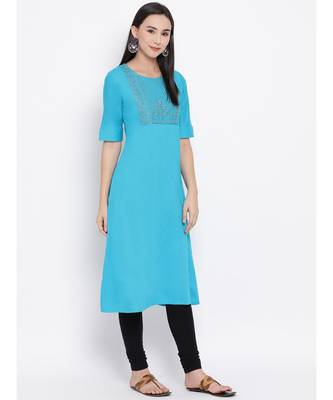 Women  blue Cotton Embroidered A-line Kurta 3