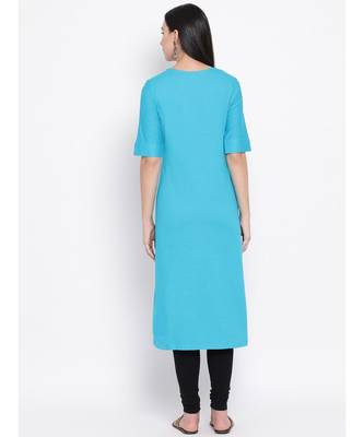 Women  blue Cotton Embroidered A-line Kurta 4