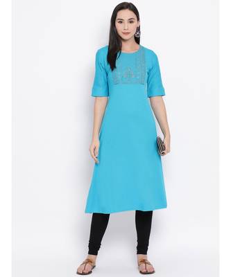 Women  blue Cotton Embroidered A-line Kurta 5