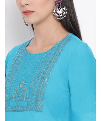 Women  blue Cotton Embroidered A-line Kurta 6