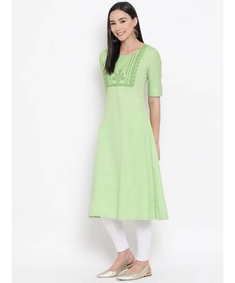 Women  green Cotton Embroidered Anarkali Kurta 2