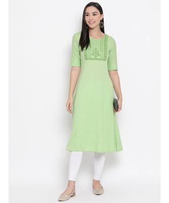 Women  green Cotton Embroidered Anarkali Kurta 5