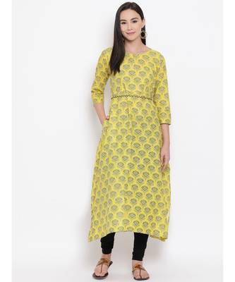 Women  Yellow Cotton Printed A-line Kurta 1