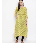 Women  Yellow Cotton Printed A-line Kurta