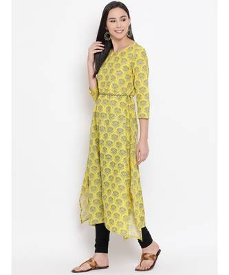Women  Yellow Cotton Printed A-line Kurta 2