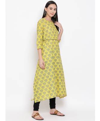 Women  Yellow Cotton Printed A-line Kurta 3