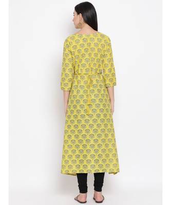 Women  Yellow Cotton Printed A-line Kurta 4