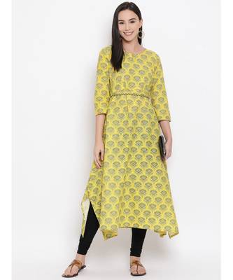 Women  Yellow Cotton Printed A-line Kurta 5