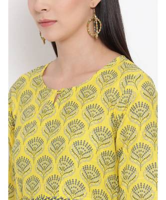 Women  Yellow Cotton Printed A-line Kurta 6