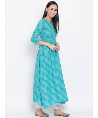 Women  green Cotton Printed A-line Kurta 3