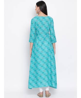 Women  green Cotton Printed A-line Kurta 4