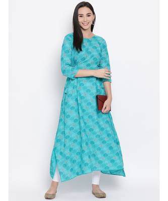 Women  green Cotton Printed A-line Kurta 5