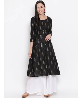 Women  Grey Cotton Printed A-line Kurta 1