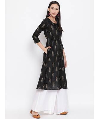 Women  Grey Cotton Printed A-line Kurta 3
