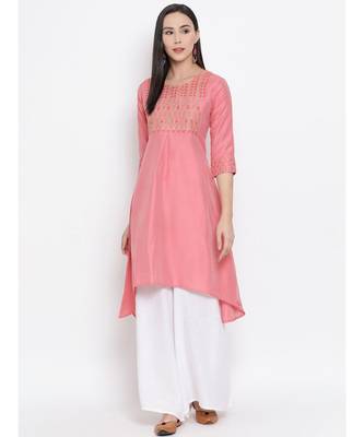 Women  Pink Cotton Silk Embroidered A-line Kurta 1