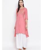 Women  Pink Cotton Silk Embroidered A-line Kurta