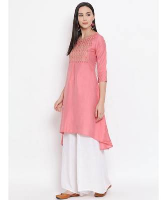 Women  Pink Cotton Silk Embroidered A-line Kurta 2