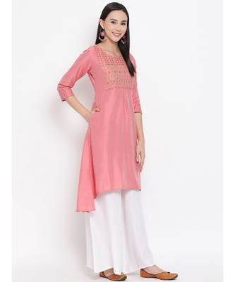Women  Pink Cotton Silk Embroidered A-line Kurta 3