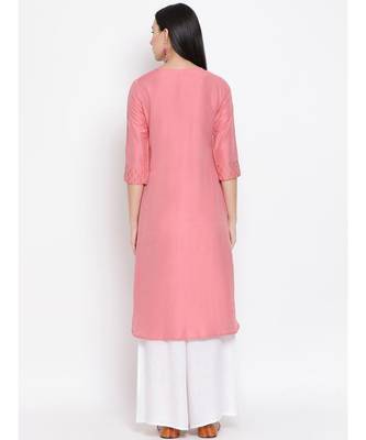 Women  Pink Cotton Silk Embroidered A-line Kurta 4