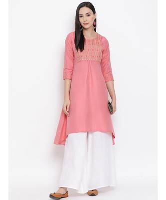 Women  Pink Cotton Silk Embroidered A-line Kurta 5
