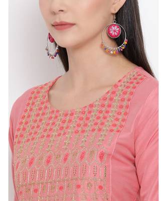 Women  Pink Cotton Silk Embroidered A-line Kurta 6