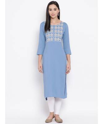 Women  Blue Cotton Embroidered Straight Kurta 1