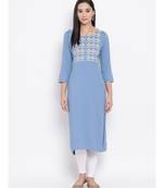 Women  Blue Cotton Embroidered Straight Kurta