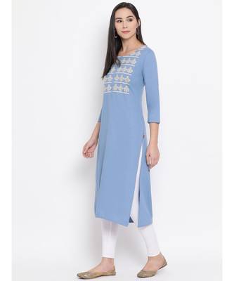 Women  Blue Cotton Embroidered Straight Kurta 2