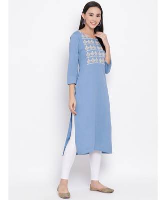Women  Blue Cotton Embroidered Straight Kurta 3