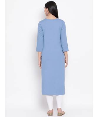 Women  Blue Cotton Embroidered Straight Kurta 4