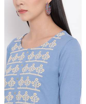 Women  Blue Cotton Embroidered Straight Kurta 6