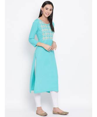 Women  green Cotton Embroidered Straight Kurta 3