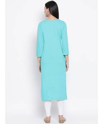 Women  green Cotton Embroidered Straight Kurta 4