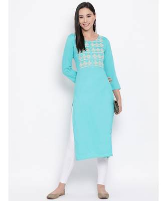 Women  green Cotton Embroidered Straight Kurta 5