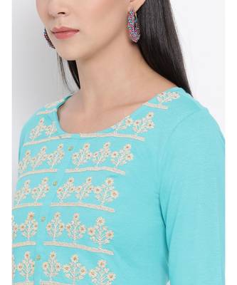 Women  green Cotton Embroidered Straight Kurta 6