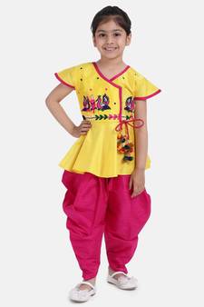 yellow Peacock Embroidery Peplum Dhoti For Girls