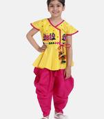 yellow Peacock Embroidery Peplum Dhoti For Girls