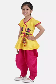 yellow Peacock Embroidery Peplum Dhoti For Girls