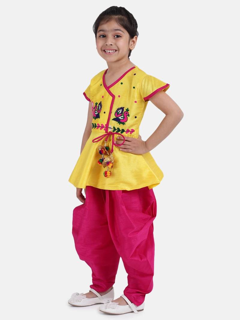 yellow Peacock Embroidery Peplum Dhoti For Girls