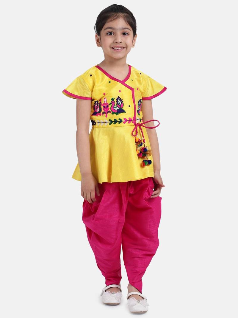 yellow Peacock Embroidery Peplum Dhoti For Girls