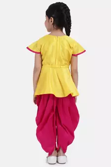 yellow Peacock Embroidery Peplum Dhoti For Girls
