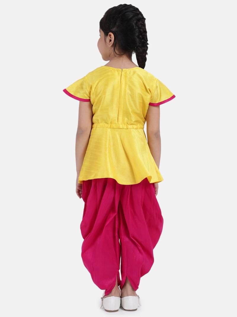 yellow Peacock Embroidery Peplum Dhoti For Girls