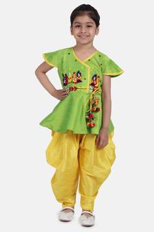 Green Peacock Embroidery Peplum Dhoti For Girls
