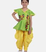 Green Peacock Embroidery Peplum Dhoti For Girls