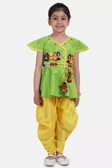 Green Peacock Embroidery Peplum Dhoti For Girls
