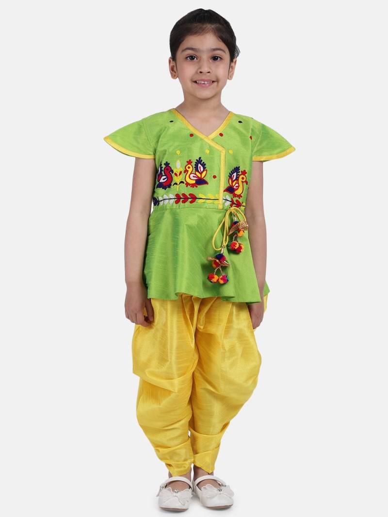 Green Peacock Embroidery Peplum Dhoti For Girls