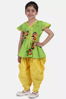 Green Peacock Embroidery Peplum Dhoti For Girls