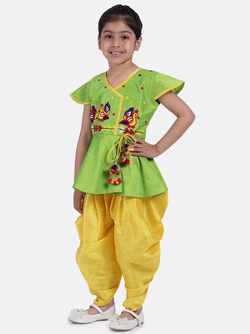 Green Peacock Embroidery Peplum Dhoti For Girls